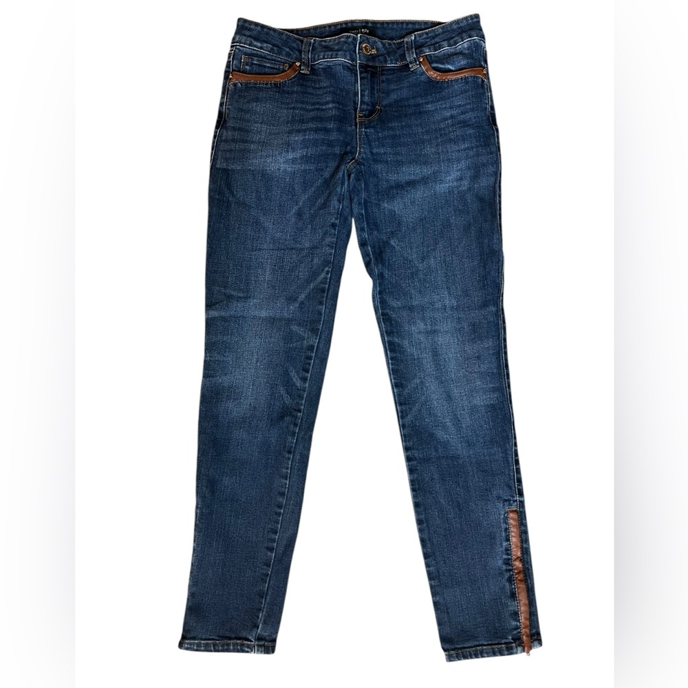 White House Black Market Skimmer Stretch Denim Jeans Faux Leather Trim Ankle-Zip